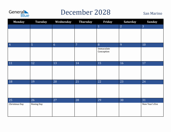 December 2028 San Marino Calendar (Monday Start)