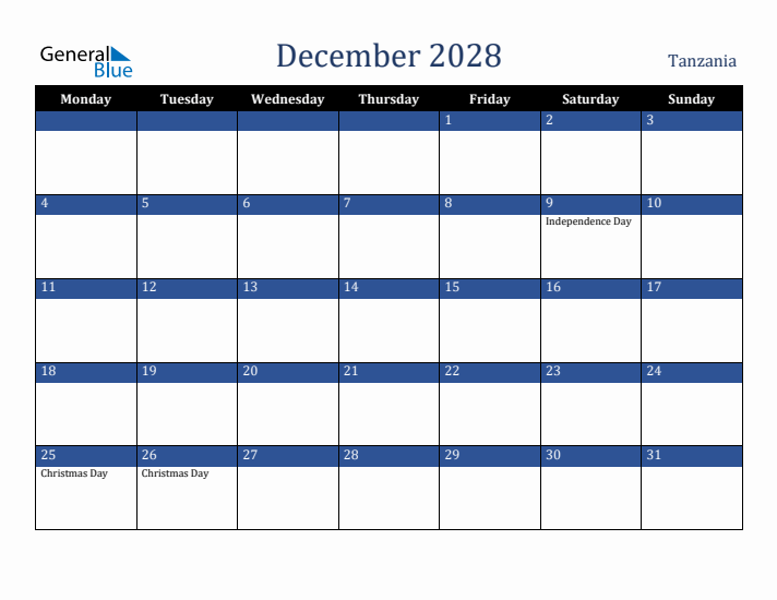 December 2028 Tanzania Calendar (Monday Start)