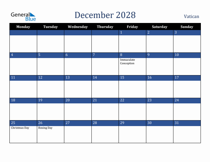 December 2028 Vatican Calendar (Monday Start)