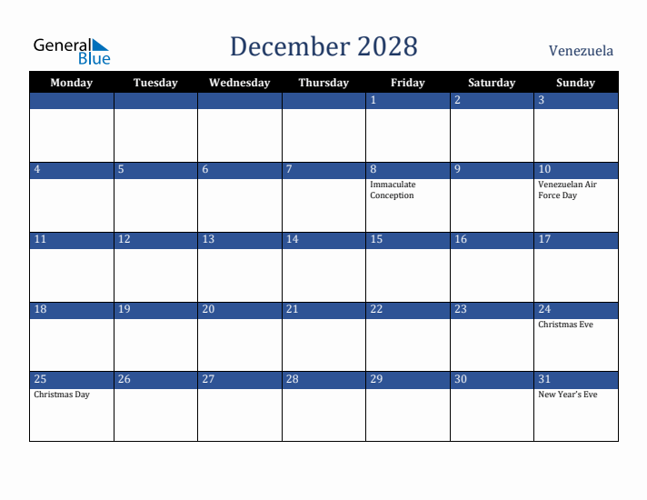 December 2028 Venezuela Calendar (Monday Start)