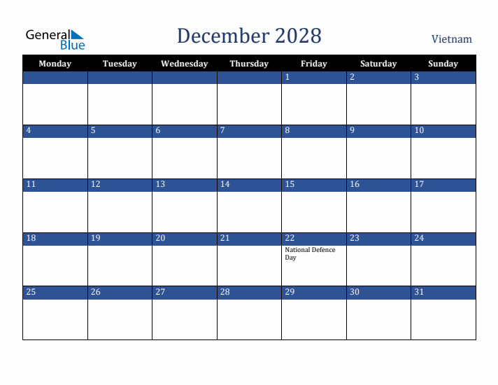 December 2028 Vietnam Calendar (Monday Start)