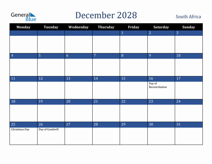 December 2028 South Africa Calendar (Monday Start)