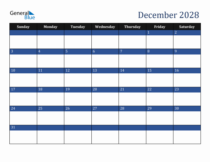 Sunday Start Calendar for December 2028