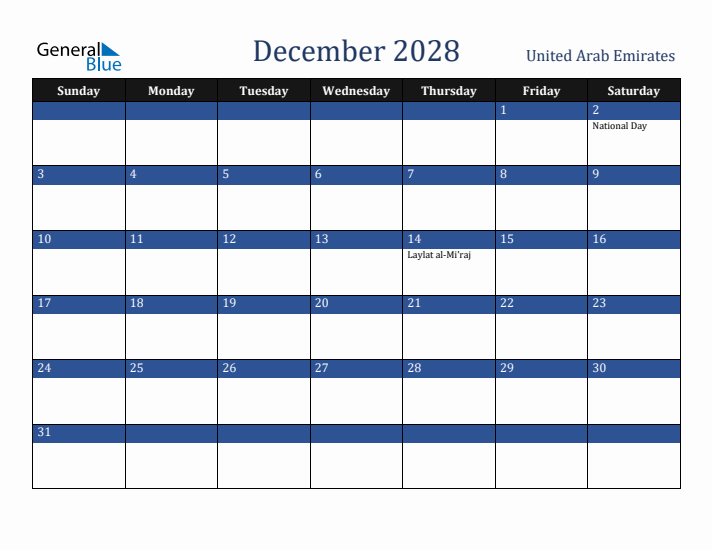 December 2028 United Arab Emirates Calendar (Sunday Start)