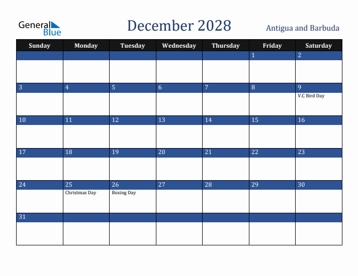 December 2028 Antigua and Barbuda Calendar (Sunday Start)