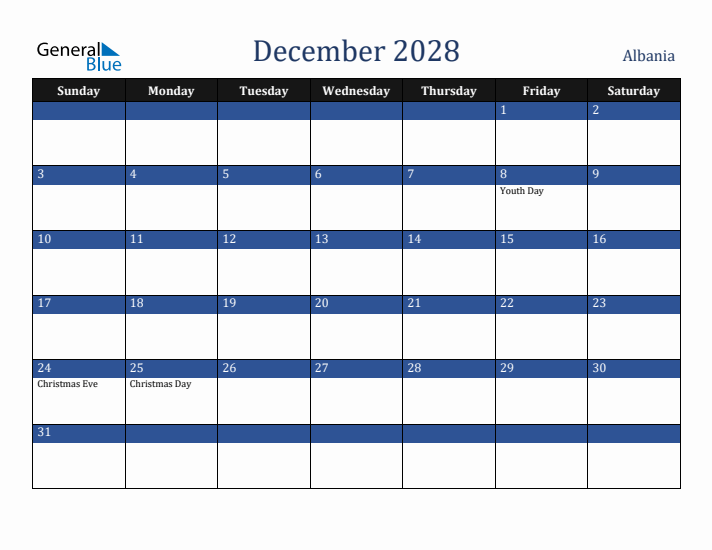December 2028 Albania Calendar (Sunday Start)