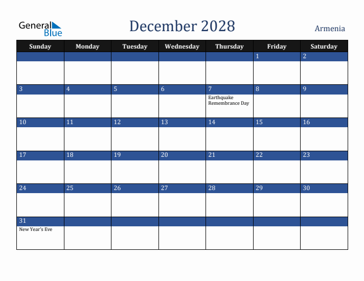 December 2028 Armenia Calendar (Sunday Start)