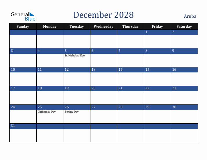 December 2028 Aruba Calendar (Sunday Start)