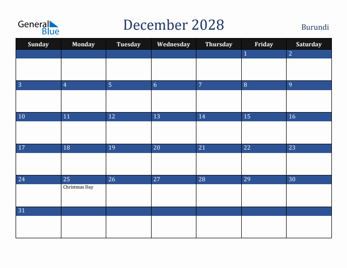 December 2028 Burundi Calendar (Sunday Start)