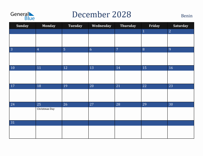 December 2028 Benin Calendar (Sunday Start)