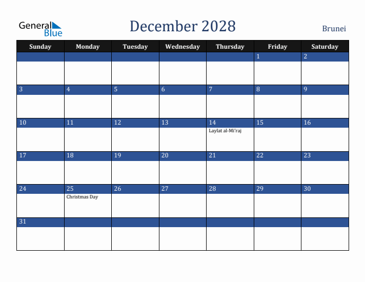 December 2028 Brunei Calendar (Sunday Start)