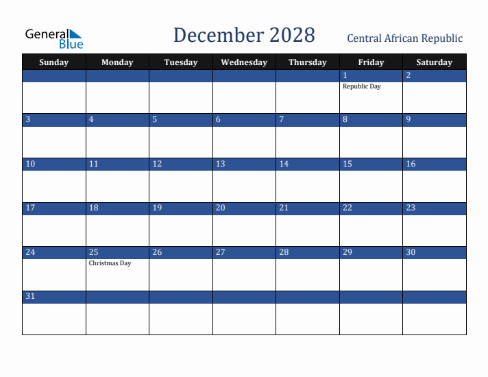 December 2028 Central African Republic Calendar (Sunday Start)