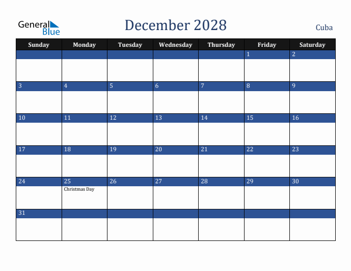 December 2028 Cuba Calendar (Sunday Start)