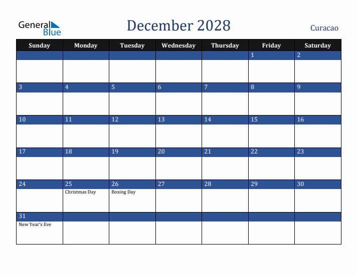 December 2028 Curacao Calendar (Sunday Start)