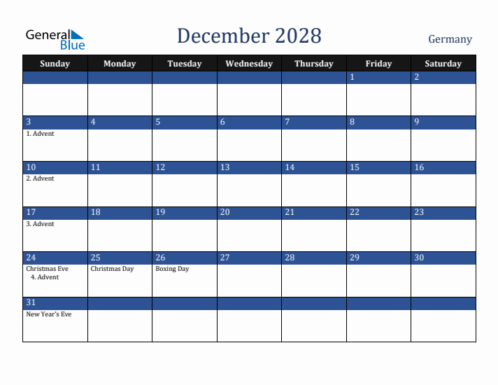 December 2028 Germany Calendar (Sunday Start)