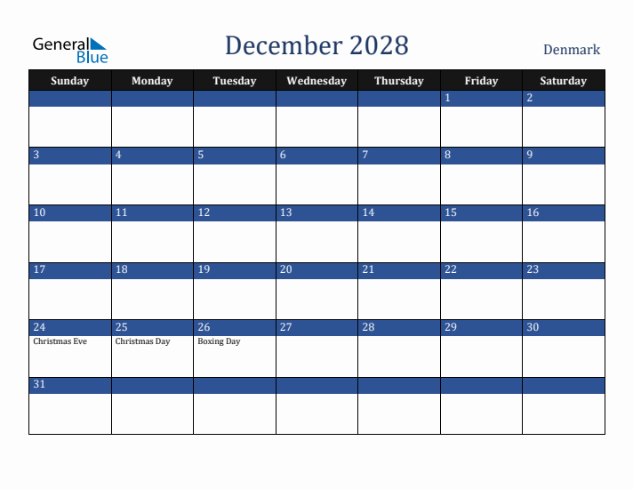 December 2028 Denmark Calendar (Sunday Start)