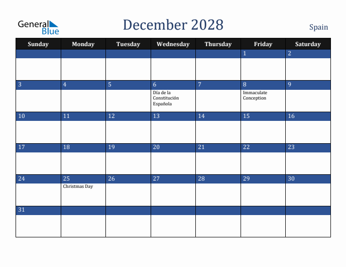 December 2028 Spain Calendar (Sunday Start)