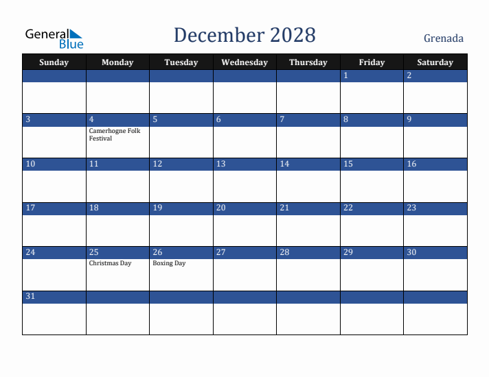 December 2028 Grenada Calendar (Sunday Start)