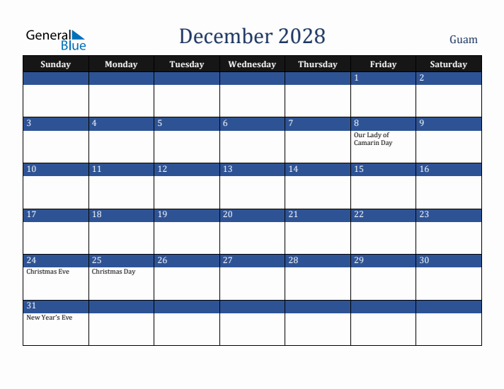 December 2028 Guam Calendar (Sunday Start)