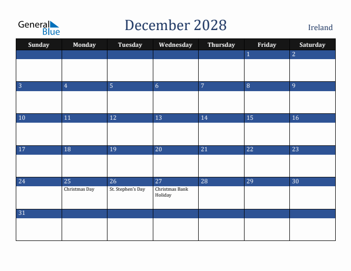December 2028 Ireland Calendar (Sunday Start)