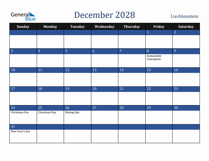 December 2028 Liechtenstein Calendar (Sunday Start)