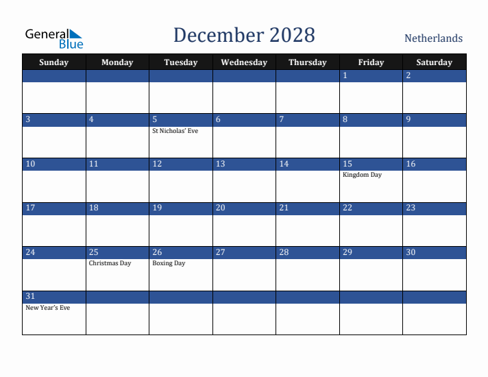 December 2028 The Netherlands Calendar (Sunday Start)