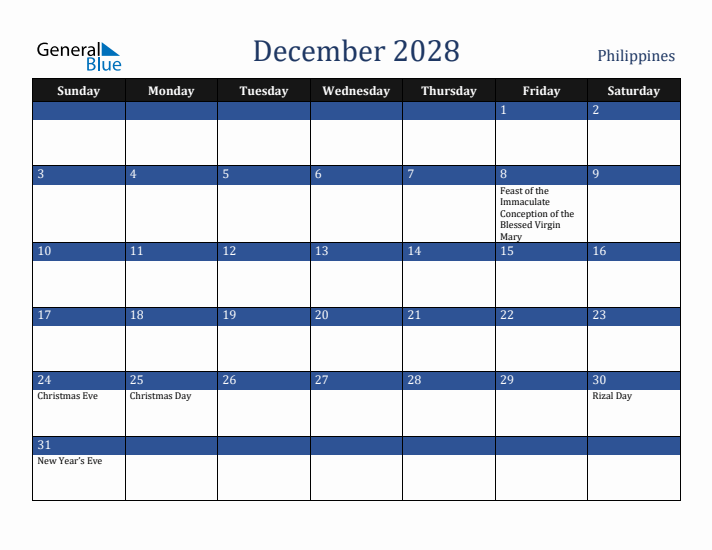 December 2028 Philippines Calendar (Sunday Start)
