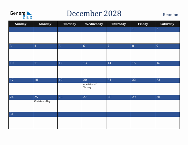 December 2028 Reunion Calendar (Sunday Start)