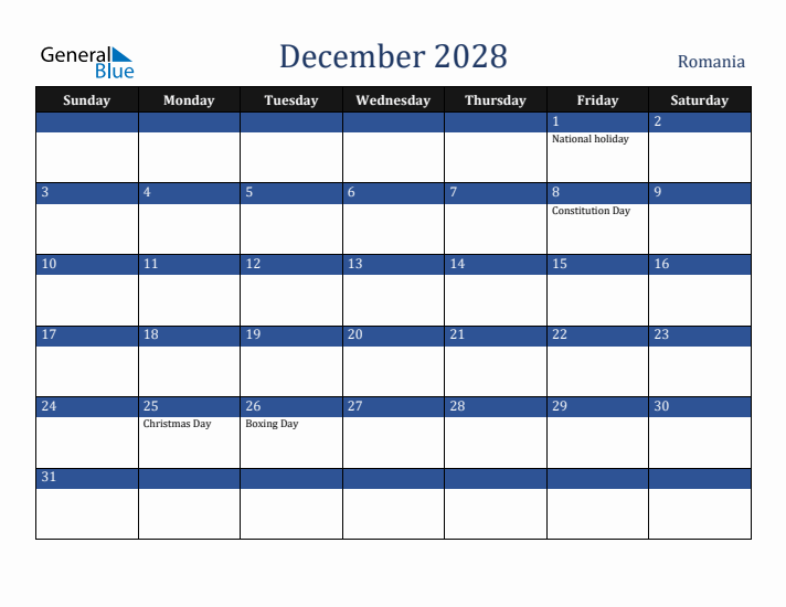 December 2028 Romania Calendar (Sunday Start)