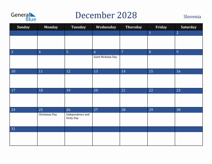 December 2028 Slovenia Calendar (Sunday Start)