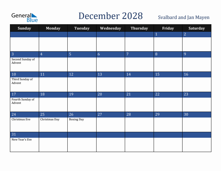 December 2028 Svalbard and Jan Mayen Calendar (Sunday Start)