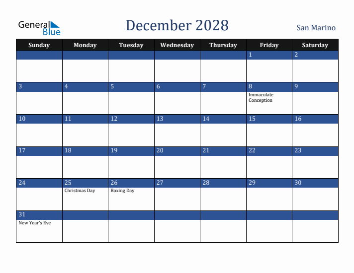 December 2028 San Marino Calendar (Sunday Start)
