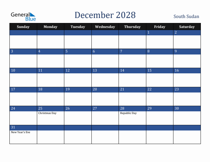December 2028 South Sudan Calendar (Sunday Start)
