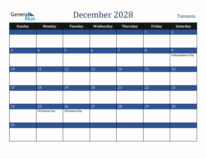 December 2028 Tanzania Calendar (Sunday Start)