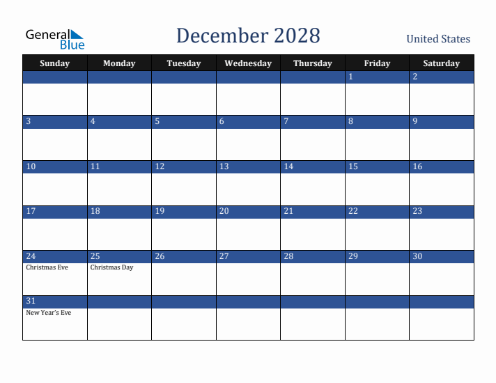 December 2028 United States Calendar (Sunday Start)