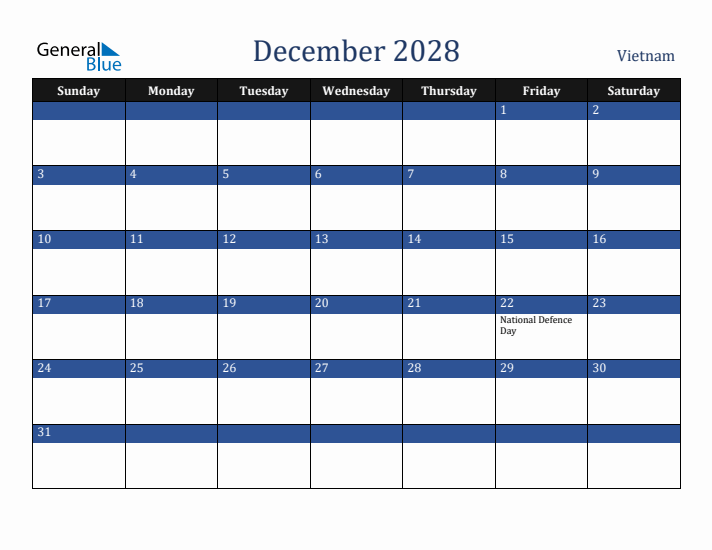 December 2028 Vietnam Calendar (Sunday Start)