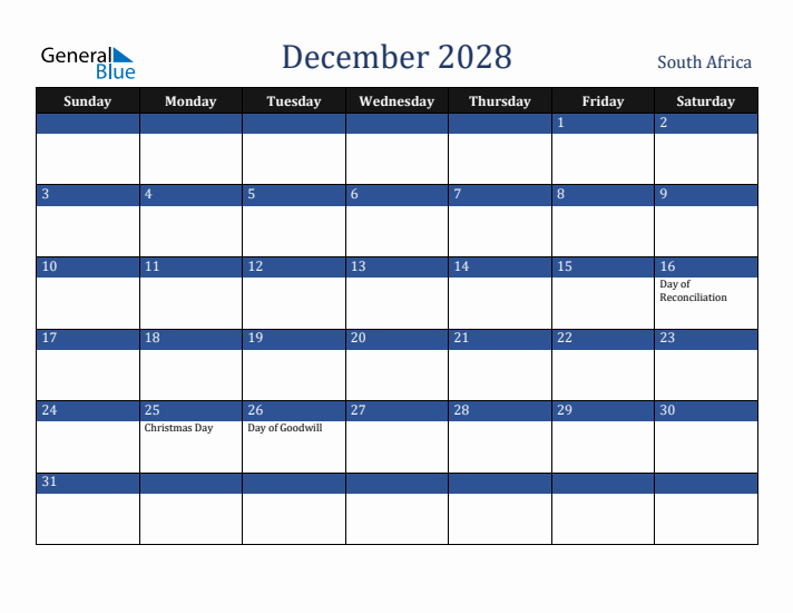 December 2028 South Africa Calendar (Sunday Start)