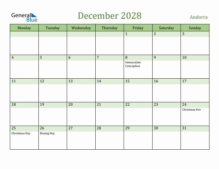 December 2028 Calendar with Andorra Holidays