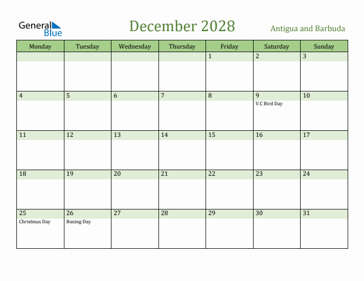 December 2028 Calendar with Antigua and Barbuda Holidays