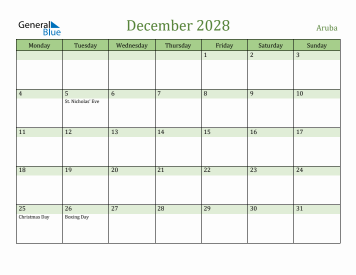 December 2028 Calendar with Aruba Holidays