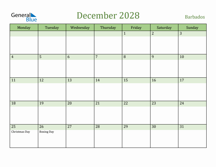 December 2028 Calendar with Barbados Holidays