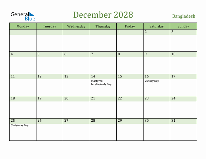 December 2028 Calendar with Bangladesh Holidays