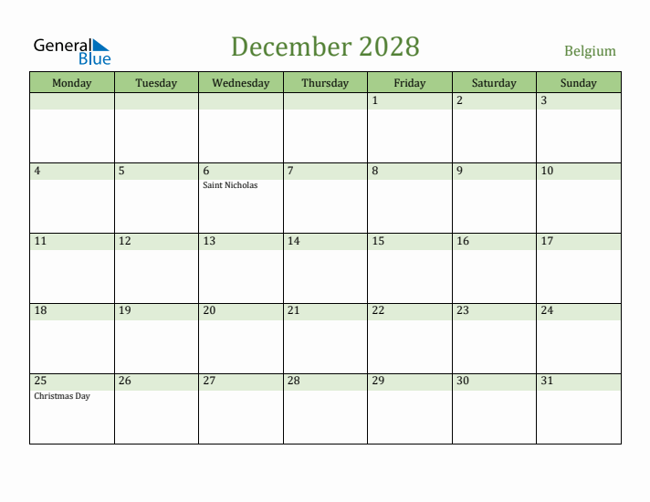 December 2028 Calendar with Belgium Holidays