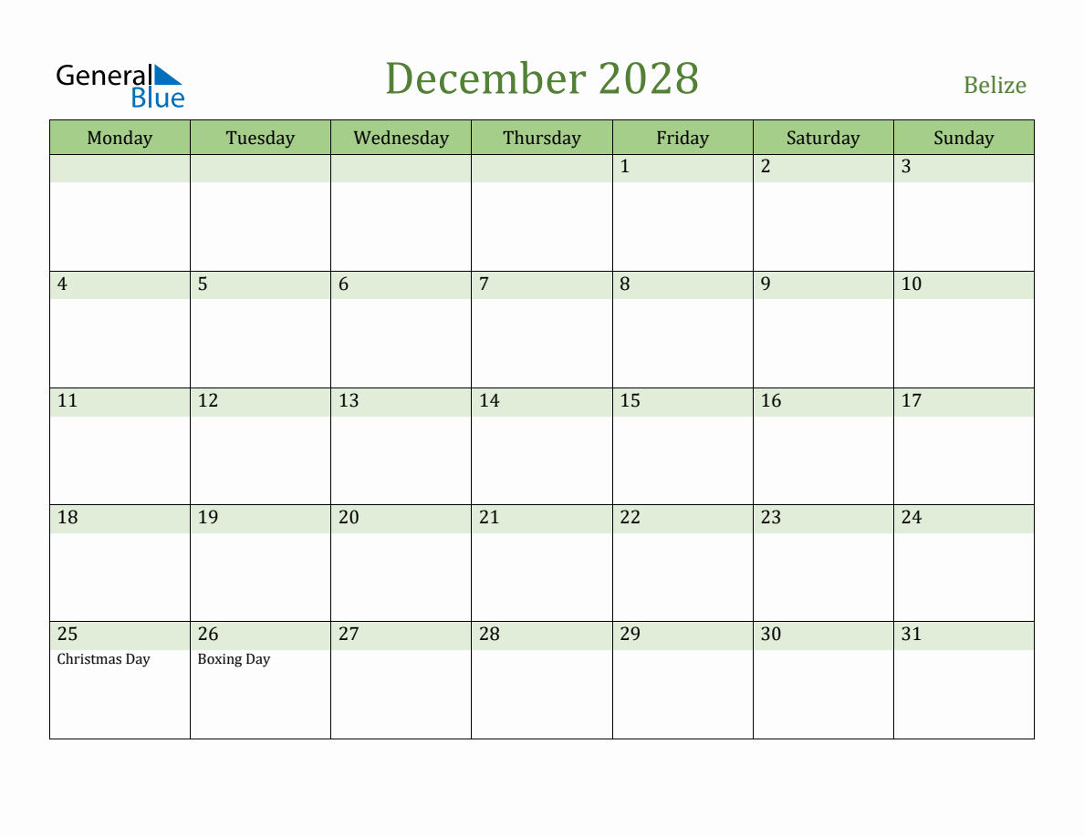 Fillable Holiday Calendar For Belize December 2028