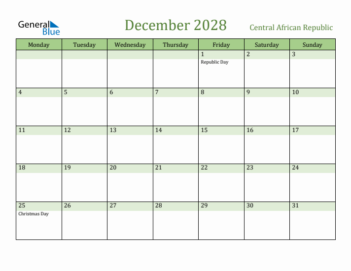 December 2028 Calendar with Central African Republic Holidays