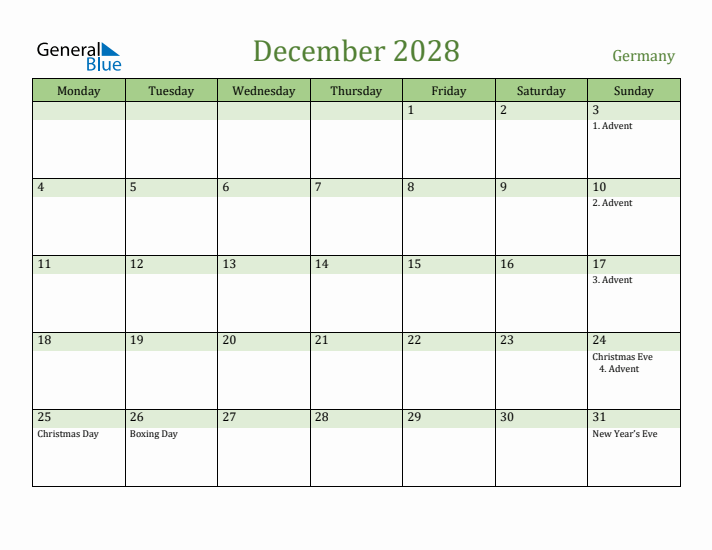December 2028 Calendar with Germany Holidays