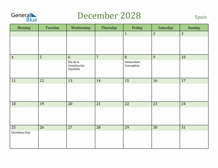 December 2028 Calendar with Spain Holidays
