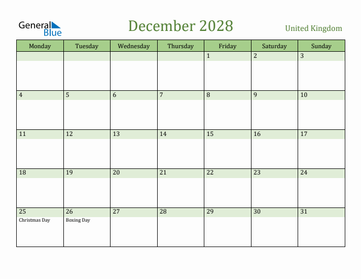 December 2028 Calendar with United Kingdom Holidays