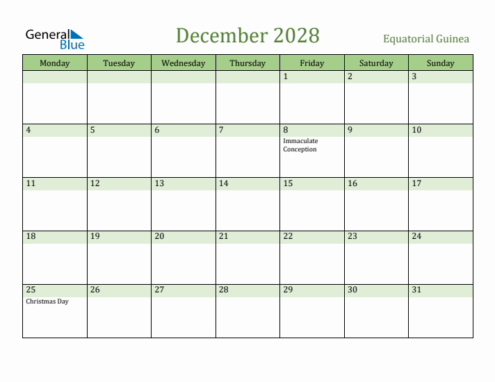 December 2028 Calendar with Equatorial Guinea Holidays