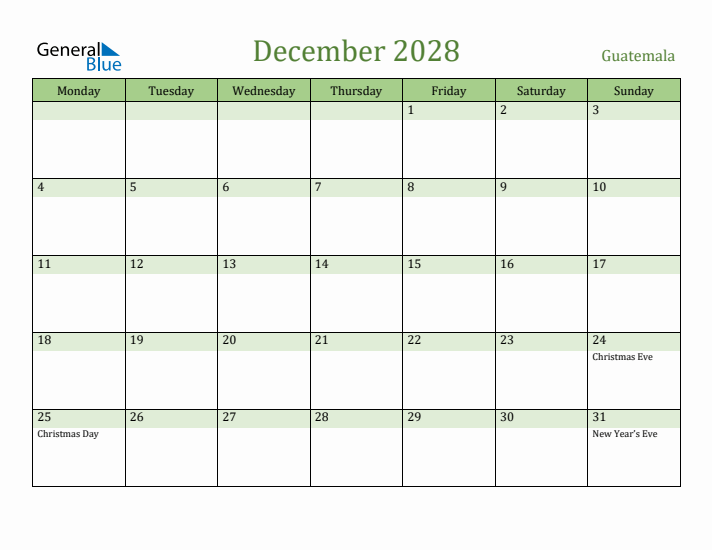 December 2028 Calendar with Guatemala Holidays